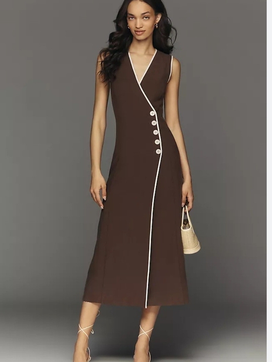 Mare Mare Dresses & Skirts - Sleeveless Chocolate Brown Wrap-Front Midi Dress with White Piping